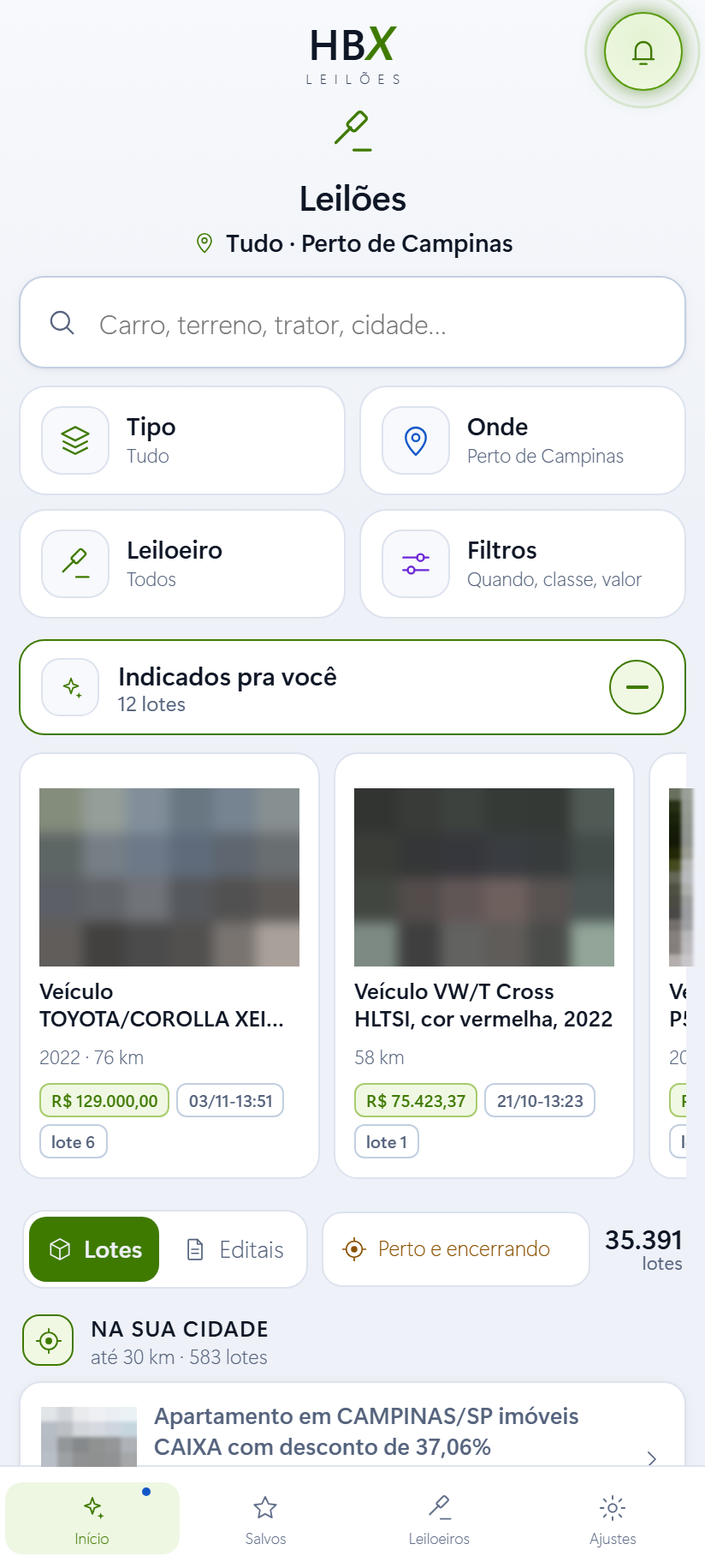 Tela real do HBX Leilões no celular em modo claro