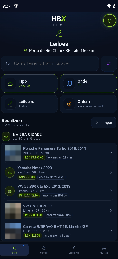 Tela real do HBX Leilões no celular em modo escuro
